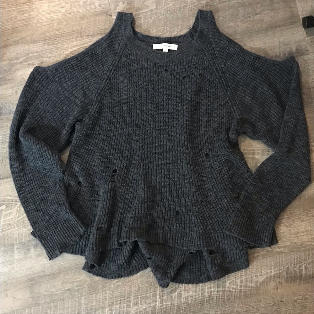 CARAMELA Women’s Distressed Open Cold Shoulder Knit Top Sweater - Size S